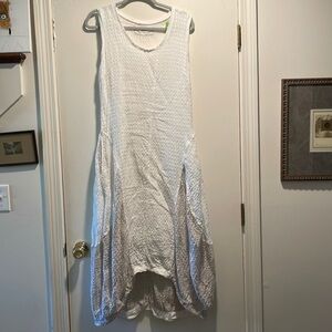 Grizas White Tan Linen Balloon Sided Textured Slight High Low Dress